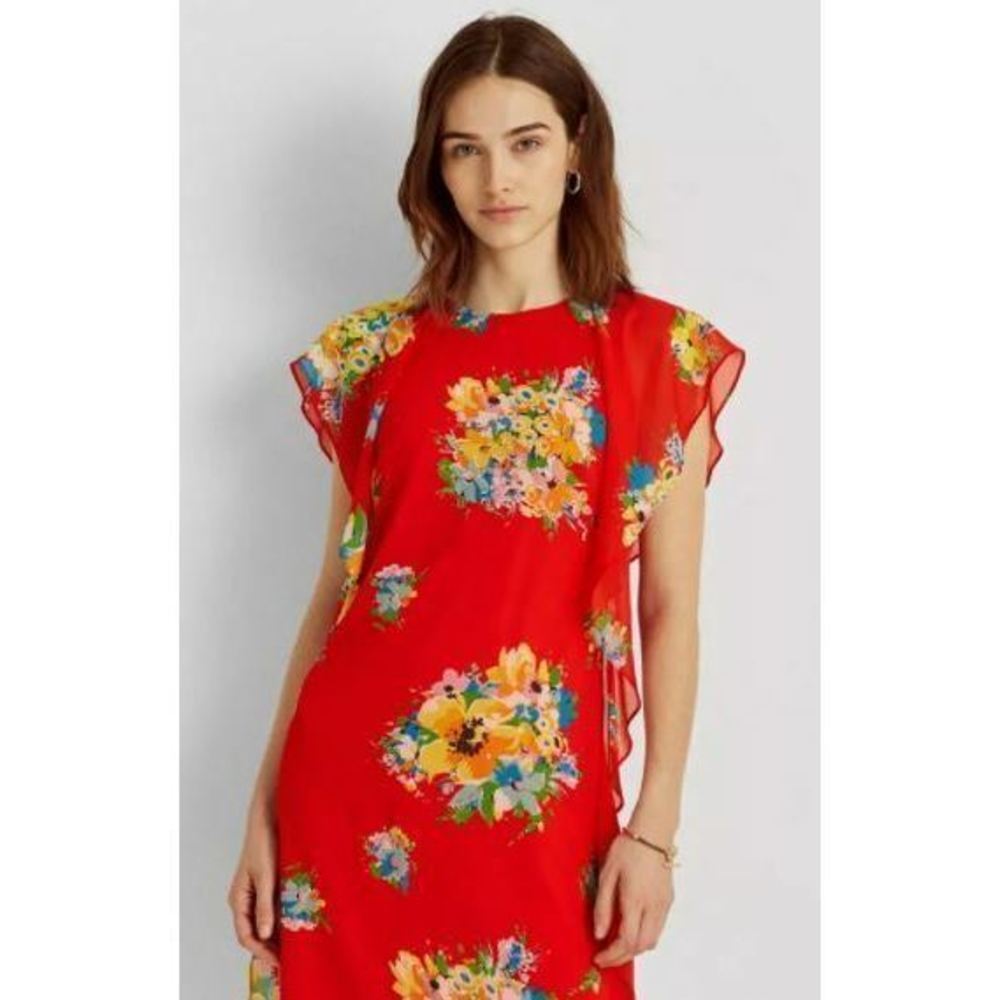 Lauren Ralph Lauren Lace Petite Floral Ruffle Sleeve Dress Size 4P 4 P - Picture 1 of 4